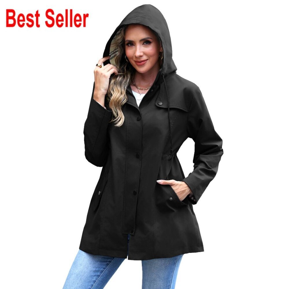 Waterproof Trench Coat Hooded Windbreaker Jacket Lined Classic Chic Oversized